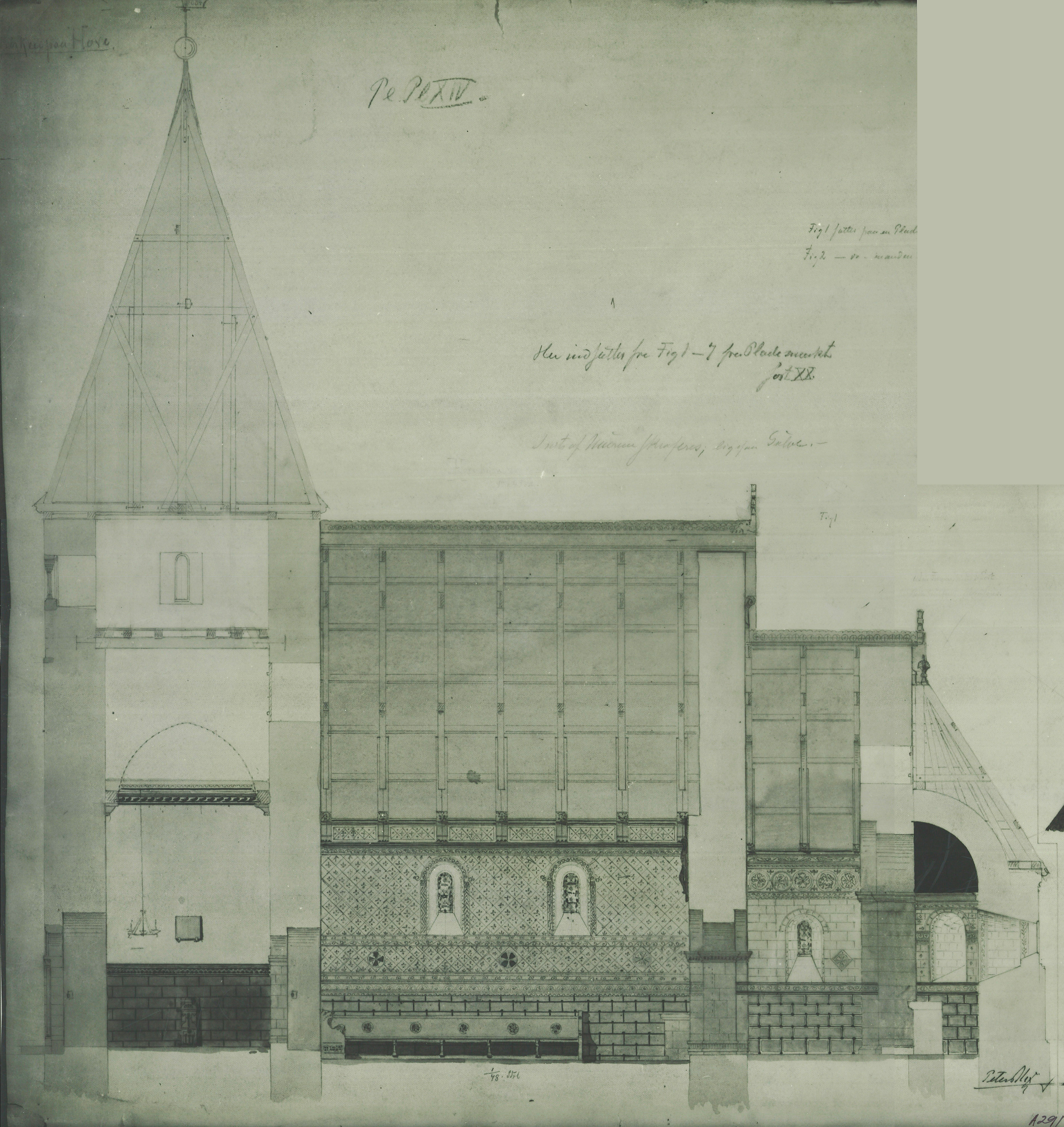 Hove kyrkje. Teikning frå 1870-1890 Peter Andreas Blix.