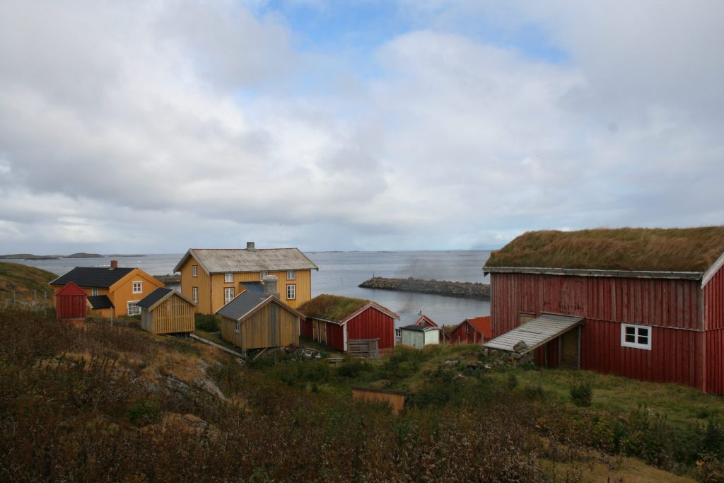 Bilde fra Skjærvær på Vegaøyan på Helgelandskysten i Nordland. I området har det vært drevet fiske og fangst de siste ti tusen årene. Sanking av egg og dun fra de ville ærfuglene har vært en viktig del av næringsgrunnlaget helt siden middelalderen. Vegaøyan står på Unescos verdensarvliste. Foto: Jon Brænne, NIKU
