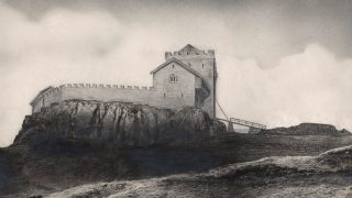 Tegning av en rekonstruksjon av Sverresborg. Tegning: ukjent