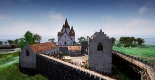 Et tredimensjonalt Illustrasjonsbilde av Bispeborgen med domkirken sett mot vest, slik den så ut omkring 1450. Illustrasjon er laget av Arkikon