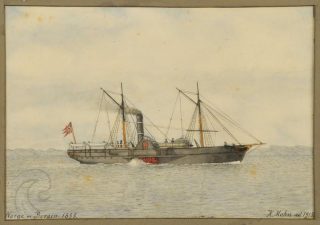 Bilde av skipet D/S Norge, som var et passasjerskip som seilte mellom København og New York, for det meste med emigranter. Akvarell av Henrik Mohn