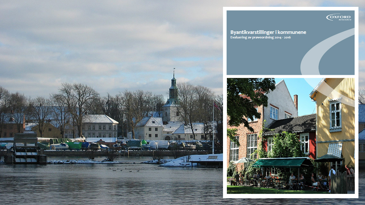 Bilde av Fredrikstad by og forsidebilde av evalueringsrapport. Bakgrunnsfoto: Bjørn-Erik Wøien, Riksantikvaren