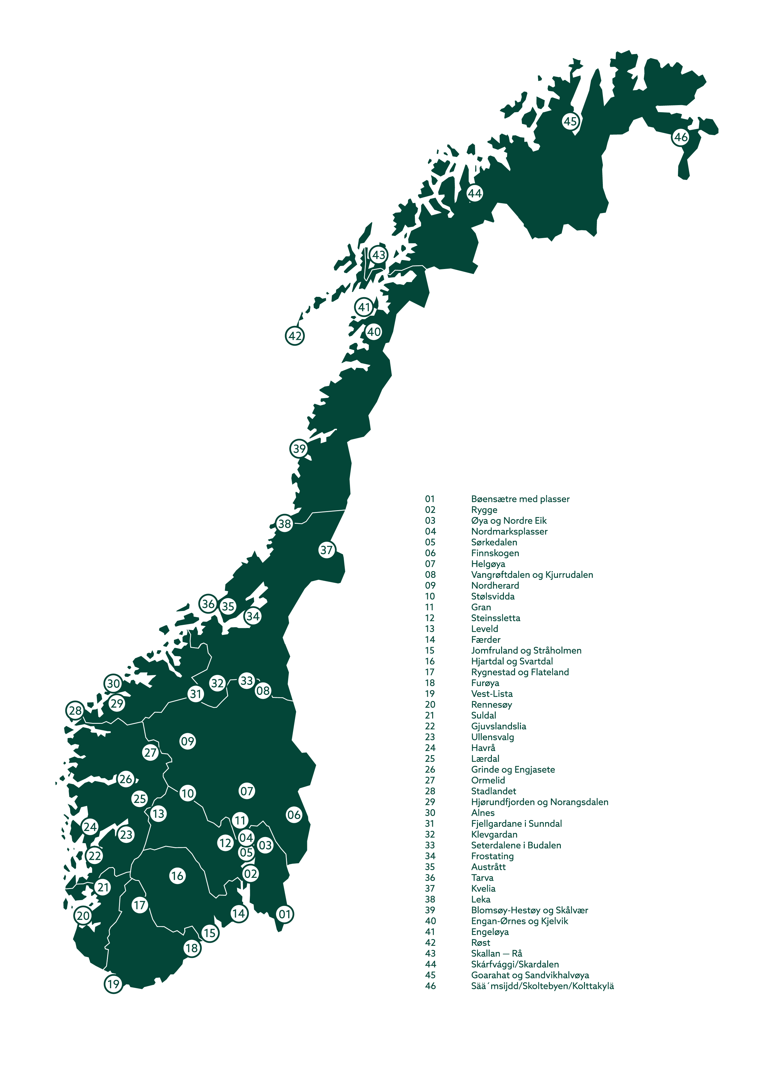 illustrasjonsbilde som viser alle de 45 landsakpene i utvalgte kulturlandskap