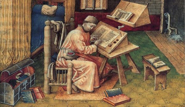 Et maleri fra middelalderen som viser en mann, muligens en munk, som studerer tekster ved en skrivepult.