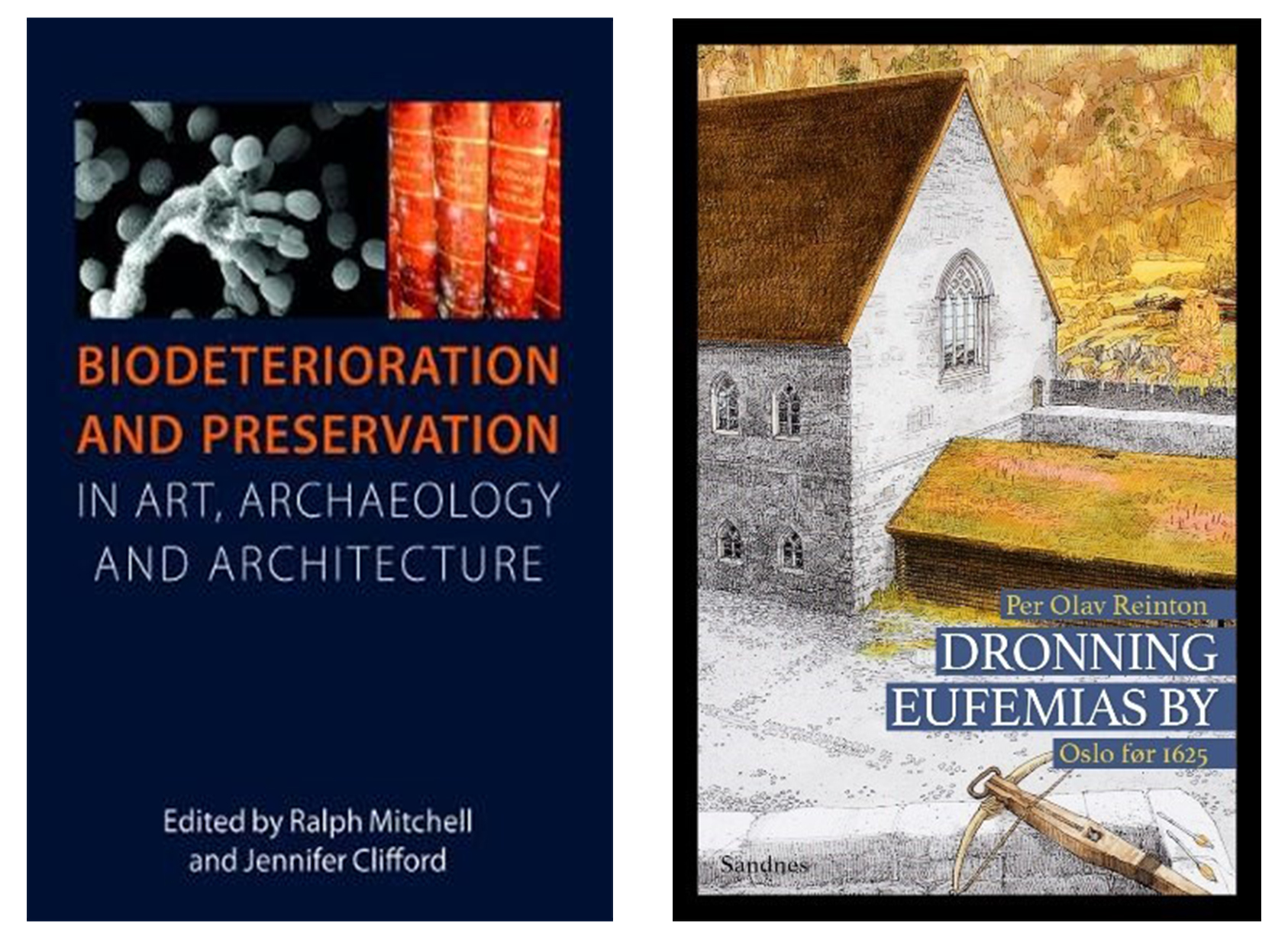 Bilde av to bøker Biodeterioration and preservation og Dronning Eufemias by