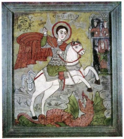 Et glassmalt ikon av en mann ridende på en hvit hest, og en drage som freser.