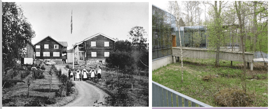 Foto av Sigrid Undsets hjem Bjerkebæk, Lillehammer, fra 1924 og med dagens inngangsparti på oversiden av bygningsmassen.