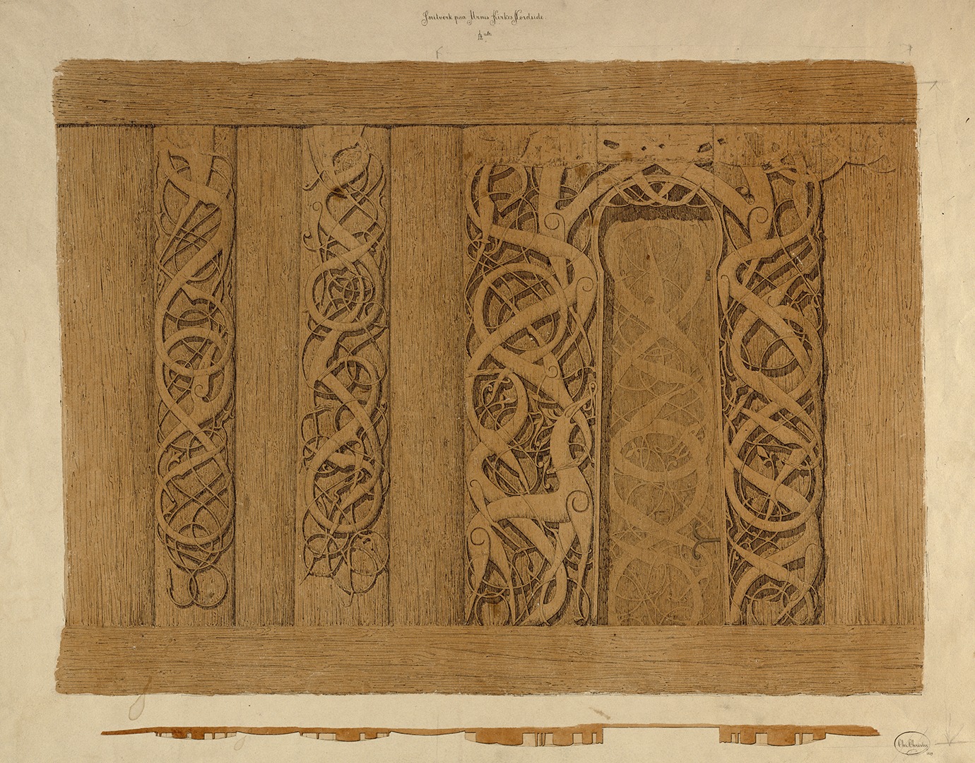 Picture of wood carvings in Urnes Stave Church. Illustration made by Eilert Christian Brodtkorb Christie (1832–1906) from 1859.