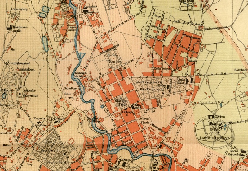 Kart over Oslo som viser Birkelunden og omegn i 1887