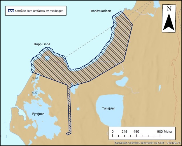 Kart over foreslått fredningsområde Isfjord radio.