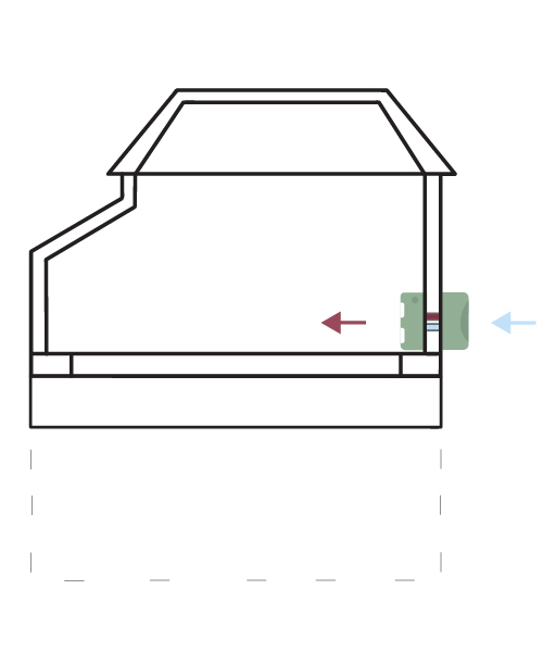 Her er eksempelhuset illustrert med en luft-til-luft-varmepumpe. Fordi eksempelhuset går over tre etasjer og har flere små rom, er det beregnet to varmepumper, en i nærheten av trappen i kjelleren og en mellom stue/kjøkken i første etasje.