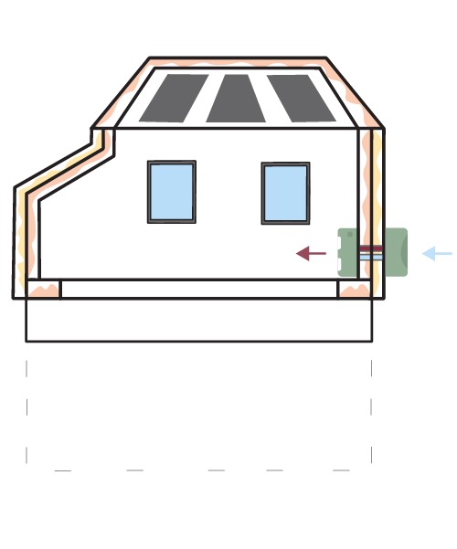 Her er eksempelhuset illustrert med en luft-til-luft-varmepumpe og 35 m2 solcelleanlegg på taket som aktive tiltak. I tillegg er følgende tiltak gjennomført: - 10 cm etterisolering på ytterveggen i kjelleren - Innblåsing av trefiberisolasjon i randsone i etasjeskille mot kjeller - Ytterveggene i første- og andreetasje er etterisolert med 10 cm trefiberisolasjon i eksisterende vegg, pluss 5 cm utvendig isolering. - Innblåsing av 10 cm trefiberisolasjon på loft - Alle vinduer er skiftet ut, nye vinduer med U-verdi 0,8 Fordi eksempelhuset går over tre etasjer og har flere små rom, er det beregnet to varmepumper, en i nærheten av trappen i kjelleren og en mellom stue/kjøkken i første etasje. Dette er en svært omfattende form for energioppgradering som gir store konsekvenser på bygningen og som er svært vanskelig å kombinere med å ivareta verneverdier.