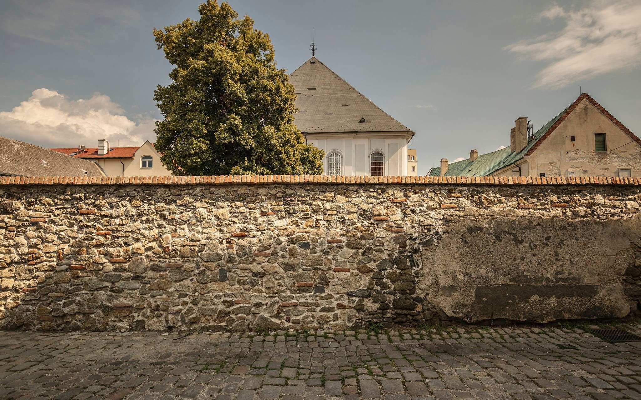 En gammel stienmur ved en brosteinsgate, et tre og tre hustak som titter opp bak muren.