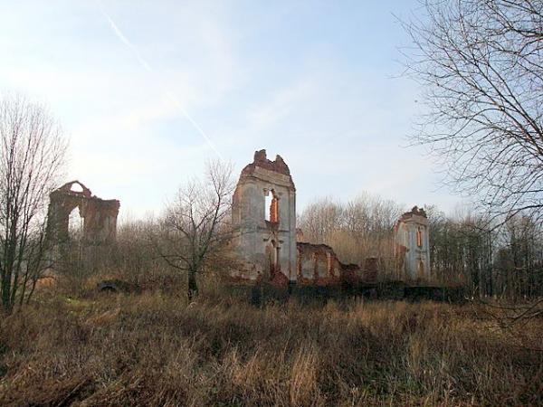 Ruiner av en tidligere herregård, i tåkelagt landskap med bare trær og brunt gress.