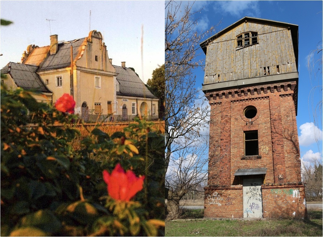 To bygninger, en tidligere stasjon og et vanntårn, bygget i mur med blomster rundt.