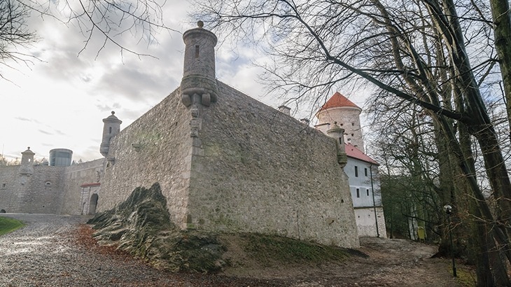 Et hjørne av en gammel slottsmur med fire tårn bygget i grå stein, med trær og greiner i forgrunnen.