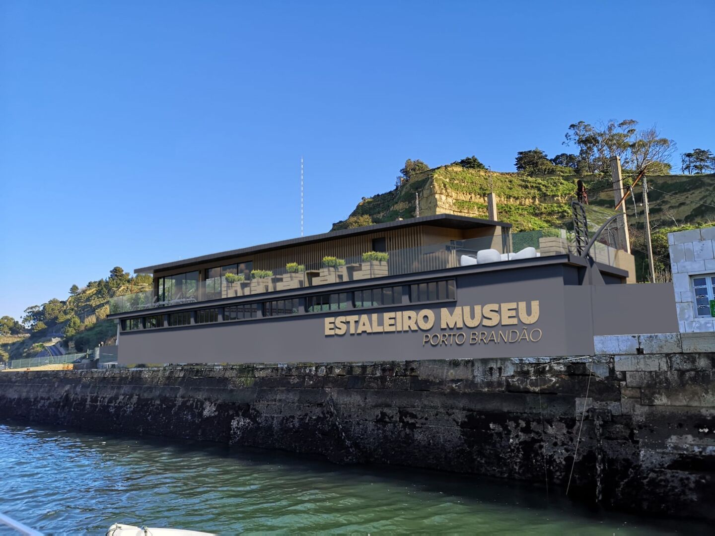 Tegning av et nytt museumsbygg beliggende helt nede ved havet i et gammelt skipsverft. Blå himmel og grønne klipper.