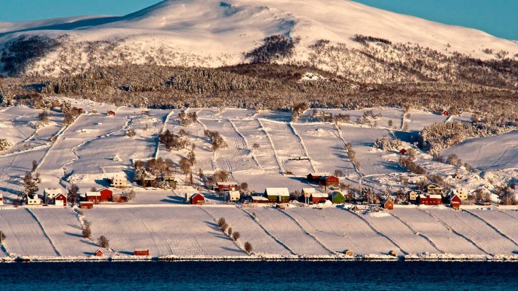 Skallan-Rå i Kvæfjord kommunei Troms. Vinterlig teiglandskap ved fjorden